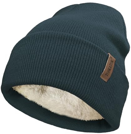TOSKATOK Ladies Men's Unisex Classic Cuffed Soft Warm Winter Knitted Beanie Hat with Soft Thermal Teddy Fleece Liner-Petrol