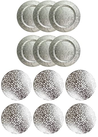 YöL Set of 6 Placemats And 6 Embossed Charger Plates - Christmas Table Décor Silver Round Festive Xmas Re-usable