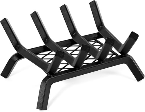 Fireplace Grate with Ember Retainer - Wrought Cast Iron - 14 Inch Fireplace & Wood Stove Grate, Indoor/Outdoor Firewood Log Holder Rack