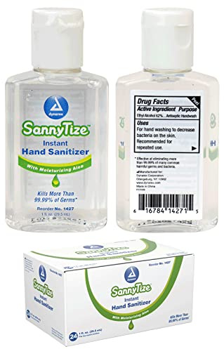 Dynarex SannyTize Hand Sanitizer Gel – 1 oz. Square Bottle, Hand Sanitizer Gel Infused with Aloe Vera & Eliminates 99% of Common Germs, Clear, 1 Box of 24 SannyTize Hand Sanitizer 1 oz. Square Bottles