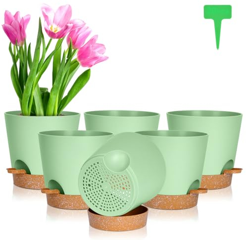 OFFCUP Vasi per Piante Autoirriganti, 6pcs Vasi da Fiori in Plastica, 20cm Vasi Decorativi Interno Moderni con Sottovasi per Casa e Ufficio, Vasi da Fiori per Piante, Erbe, Die Rose, Geraniums Verde