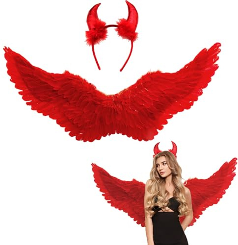 Winwild 75CM Ali d'Angelo Rosso Con Corna del Diavolo - Costume Accessori per Adulti - Signore Angelo Diavolo Fate - per Halloween Carnevale Cosplay Party Fancy Dress
