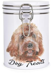 Purely Home Labradoodle Dog Treats Canister - Dog Artwork by Rhiannon Chauncey - White Metal Clip Lid Food Storage Jar/Container For Pet Food 700ml (13cm x 9.5cm)