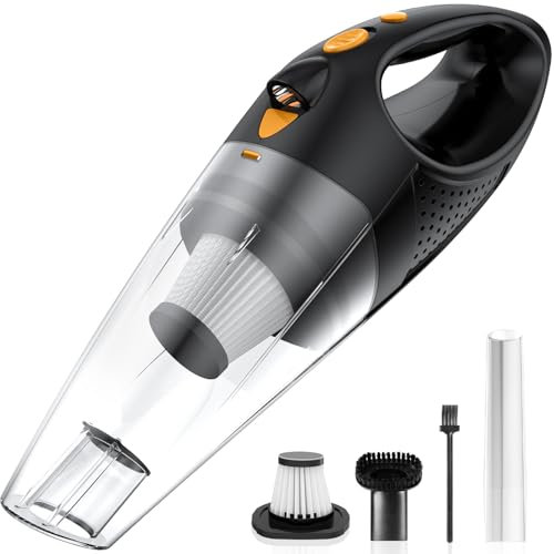 Powools Handheld Vacuum Cordless with 2 Filters, Car Vacuum Cleaner High Power with Fast Cahrge Tech, Portable Rechargeable Mini Vacuum with Large-Capacity Battery, Orange, 14.3X4.6X4.0