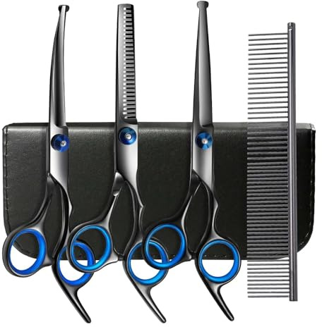 Hundeschere Set Profi, Schere aus Edelstahl mit Runder Sicherheitsspitze, Fellschere Inkl Effilierschere, Gebogene, Gerade Schere, Fellpflegekamm, Für Hunde für Katzen Und Andere Tiere