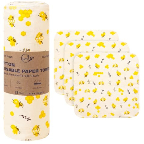 Wiederverwendbare Papierhandtücher, waschbare Rolle: 25 Stück, Baumwolltuch, 30 x 30 cm, saugfähig, weiches Flanell, papierlose Handtücher, Alternative für Küche, wiederverwendbare Servietten, Zero