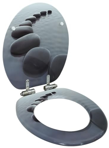 Toilettendeckel, WC Sitz mit Absenkautomatik, Toilettensitz mit Klodeckel aus MDF Stein-Design, mit Verstellbaren Scharniere (12 bis 20 cm), 143928