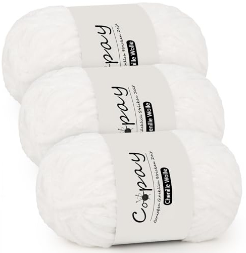 Coopay Lot de 3 Pelotes de Laine Chenille pour Crochet - 100 g de Fil Velouté, Épais et Moelleux - Doux pour Couvertures, Écharpes - Blanc