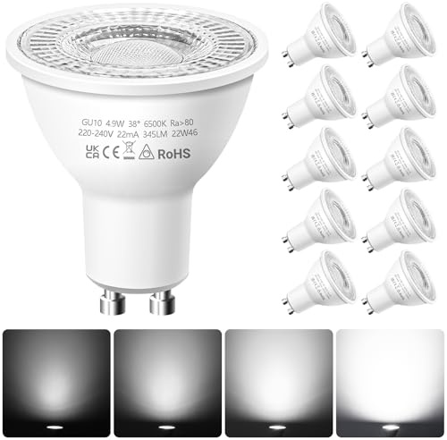Nottac GU10 LED Spotlight Bulbs, Dimmable Cool White 6500K 4.9W Energy Saving Light Bulbs, (Equivalent to 50W) Halogen Spotlight Bulbs, 220-240V, 345LM, 38° Beam LED Bulbs for Ceiling, Pack of 10