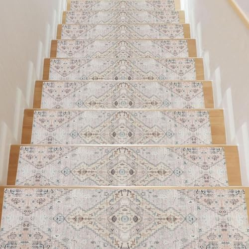 Homcomodar Tappeti per Scale, Tappeto Antiscivolo per Scale, 76x20cm 15 Pezzi, Vintage Tappetini per Scale in Legno Passi Tappeto per Scale con Supporto in Gomma Tappeto per Scale Beige