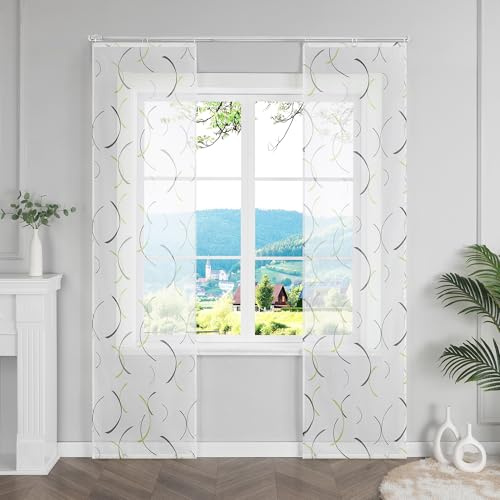 ESLIR Schiebegardinen Voile Flächenvorhänge Set 2er Schiebevorhang mit Klettschiene Wohnzimmer Gardinen mit Klettband Gardinenschals mit buntes Linienmuster Grün BxH 57x175cm 2 Stück
