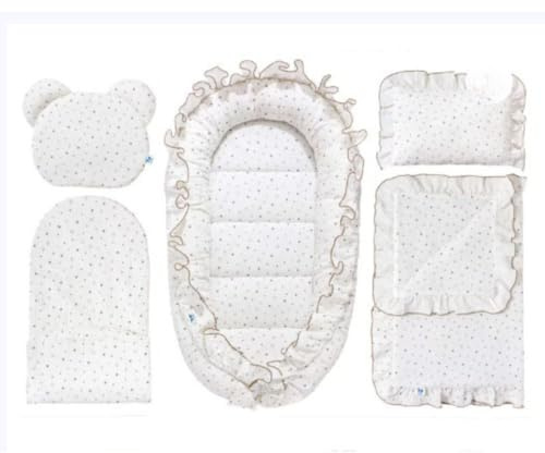 PEPI - 5 teilig Babynestchen Set - Babynest mit Rüschen - Babydecke - Matratze - Kopfkissen - Kissen - 100% Baumwolle uns Samt - Baby Erstausstattung Neugeborene - (Gold Galaxy)