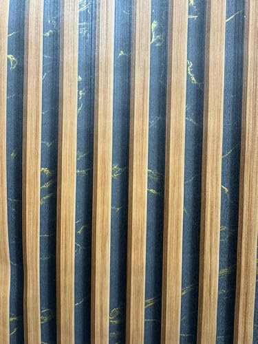 WPE® Realistic 3D Wooden Slats Wallpaper on Natural Oak with Gold and Black Marble Background - Textured Wall Covering for Living Room, Bedroom, and Office Decor
