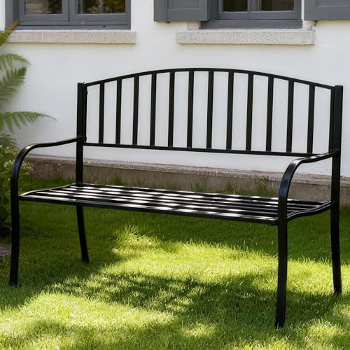 Mingone Gartenbank 3-Sitzer mit Rückenlehne & Armlehne – Wetterfeste Eisenbank aus Metall für Balkon, Terrasse oder Garten – Schwarz
