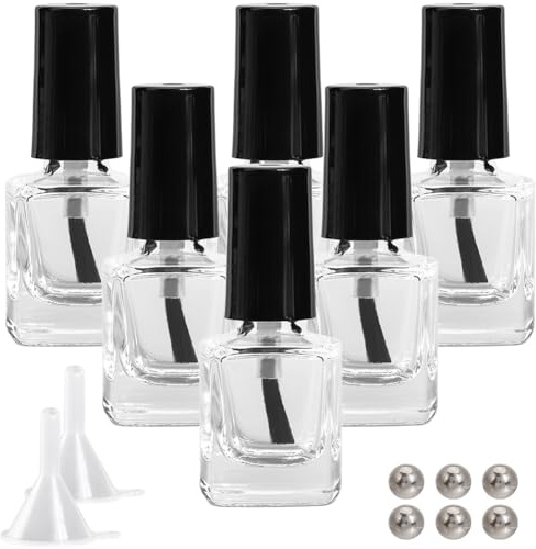 GORGECRAFT 6 Botella de Esmalte de Uñas Transparente de 5ml con Tapa de Pincel Negra Botella de Esmalte de Uñas de Vidrio Vacía Cuadrada Rellenable con 6 Bolas Agitadoras Mezcladoras Y 2 embudos
