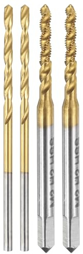 sourcing map Ensemble de tarauds et forets, 2 pièces M2 x 0,4 à filetage hélicoïdal métrique et 2 forets hélicoïdaux de 1,6 mm, revêtement en titane HSS-6542