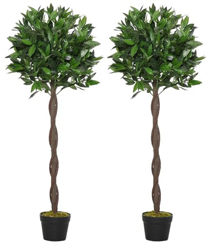 Outsunny Set de 2 árboles Artificiales de Laurel, 120 cm Plantas Artificiales en Maceta de Cemento, Planta de Interior, Plantas Artificiales para Interior, Exterior, Plantas Decorativas, Verde