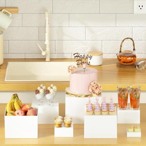 basohallrd 6 White Acrylic Boxes for Display as Buffet Risers and Stands, Food Risers for Party, Table, Stands Display Storage Dessert Table