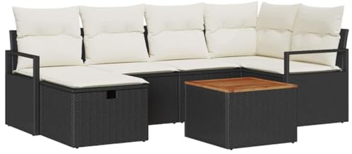 vidaXL Garten-Sofa-Set mit Kissen 7 pcs Schwarz Poly Rattan, Garten und Terrasse, modernes modulares Lounge-Set, verstellbare Füße, wetterfestes Sofa-Set.