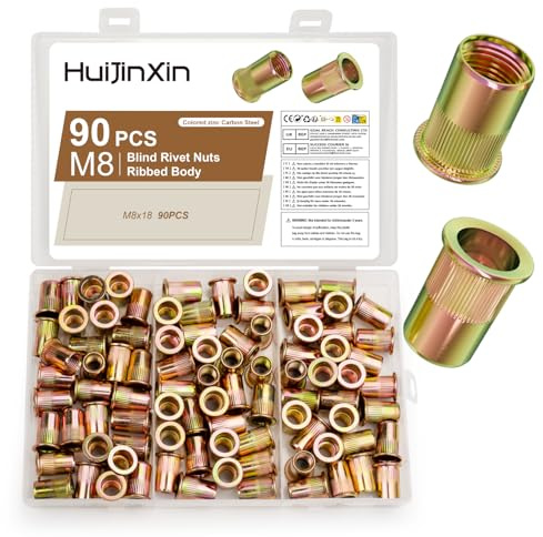 90 Pcs Rivet Nuts Kit, Rivnuts Kit, M8 Flat Head Threaded Insert Nuts, Carbon Steel Threaded Insert Nutsert Blind Rivet Inserts Nut Assortment Set for for Metal Sheets Wood Electrical