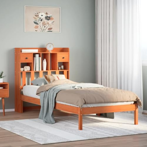 Qnhdfrt Massivholzbett mit Bücherregal Kopfteil 100x200 cm Lattenrost Stauraum Schubladen Wachsbraun Kiefernholz Rustikales Design für Schlafzimmer
