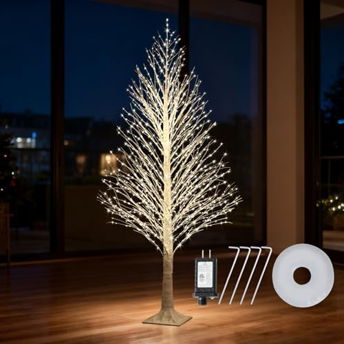 HGJ 7FT Lighted Birch Chrismas Tree ，1000 LED Warm White Lights with Twinkle Lights，LED Artificial Tree Light for Indoor Outdoor Home and Christmas Holiday Decoration