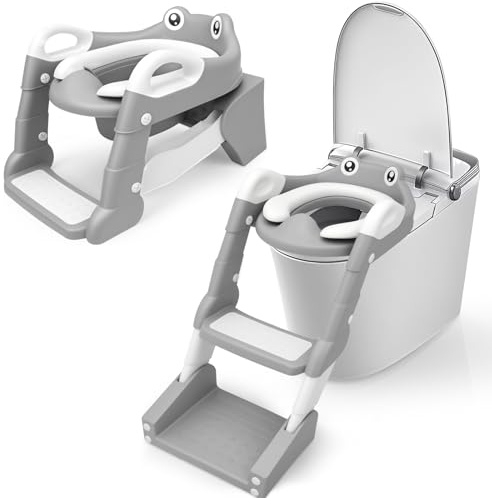 Adaptador WC Niños, Plegable Portatil Infantil Asiento Inodoro, 2 en 1 Reductor WC Niños con Escalera, Asa y Cojín Suave, WC Niños con Protección Contra Salpicaduras para Niños y Niñas de 1 a 10 añ