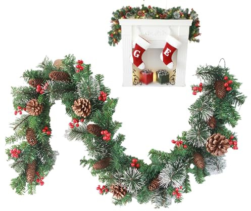 Beleuchtete Weihnachtsgirlande, saisonale Dekoration mit Tannenzapfen, roten Beeren, für Innen- und Außenbereich, Fenster, Tür, Treppe, Geländer, Tisch, Party