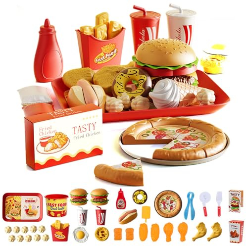 Finta Cibo, Cibo per Bambini 63 Pezzi Set di Gioco Simulato Veloce con Vassoio Hamburger Hot Dog Patatine Combo Accessori da Cucina per Ragazze Ragazzi Regali di Compleanno di Natale, Giocattolo