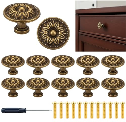 PDirat Schrankgriffe Vintage, 12 Stück Vintages Möbelgriffe Mit Schrauben Und Schraubendreher, Blumenmuster Schrankknöpfe, Schrankknöpfe Vintage Für Kommode Und Schrank, Möbelknöpfe Messing