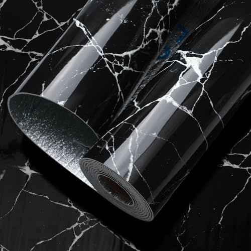 Anttyscar 2Roll Black Thicken Thermal Self Adhesive Wallpaper Black Marble Peel and Stick Wallpaper Waterproof Vinyl Wall Panels for Living Room Bedroom Bathroom Kitchen Splashback 300cm x 40cm