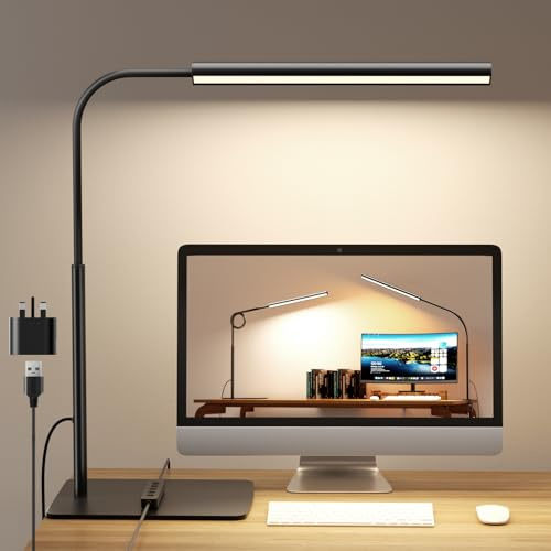 WHW3WIN LED Desk Lamp with Clamp and Base - Flexible Gooseneck - 5 Lighting Modes, 11 Brightness Levels, Timer & Memory, Eye-Comfort Study/Nail Light, 12W Adapter Included - Black