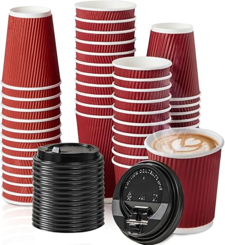 Cherypick Pappbecher mit Deckel 240 ml, 30 Stück, Kaffeebecher To Go | 3-lagig mit Ripple-Wall, hitzeschützend und auslaufsicher, Einweg Pappbecher für Kaffee und Heiß- & Kaltgetränke (Rot)