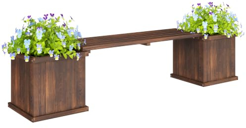 Outsunny 37L Wooden Garden Planter & Bench Combination, Carbonised Finish | 176 x 38 x 40cm, Garden Raised Bed, Patio Park