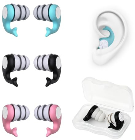 Tapones Oídos Natación – 3 Pares de Silicona (Rosa, Azul, Negro) | 3 pares de tapones oídos natación de silicona impermeables, antiruido, reutilizables. Ideales para piscina, ducha, surf, do