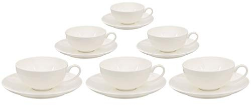Buchensee Teetassen Set aus Fine Bone China Porzellan. 6 Teetassen je 150ml und 6 Unterteller in fein-cremigem Weiß.