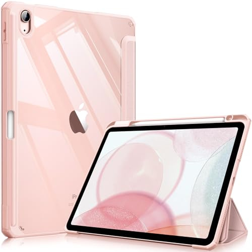 Fintie Hybrid Slim-fodral för iPad Air 11 tum M2 (2024), 5:e gen. iPad Air (2022), 4:e gen. iPad Air (2020) 10,9 tum, stöttåligt fodral, genomskinligt skal på baksidan och pennhållare, ”Rose Gold”