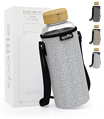 spottle Glasflasche 1,5 liter - Trinkflasche Glas 1,5 L mit Deckel - Glass bottle - Wasserflasche - Glastrinkflasche für Kohlensäure geeignet - spülmaschinenfest (Grau meliert, 1500ml / 1,5 Liter)