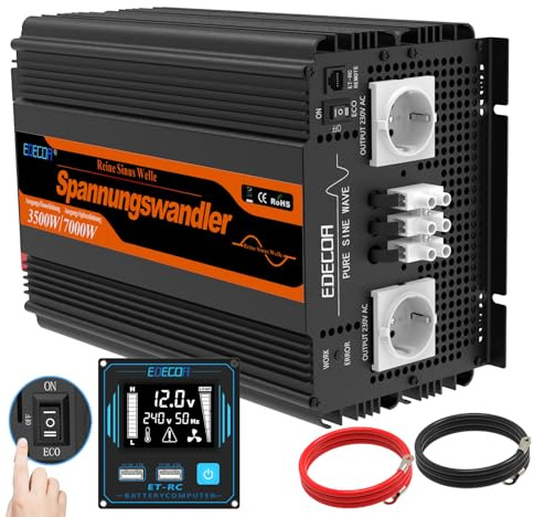EDECOA convertisseur 12v 220v convertisseur Pur Sinus 3500w Onde sinusoïdale Pure Power Inverter avec télécommande et écran LCD per Camper Voiture (Nouvelle télécommande)