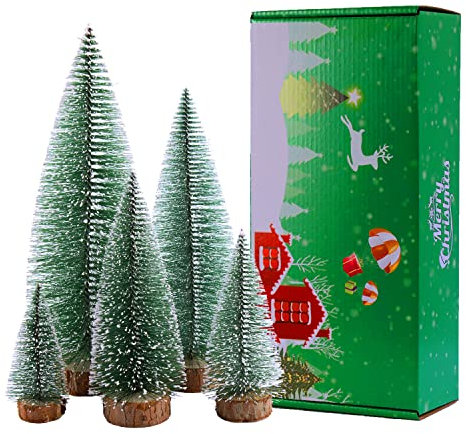 Bottle Brush Christmas Trees 5Sizes Mini Christmas Trees Small Christmas Trees Mini Pine Trees Desktop Miniature Christmas Trees with Snow and Wooden Base for Crafting Decorations (Plant Green)