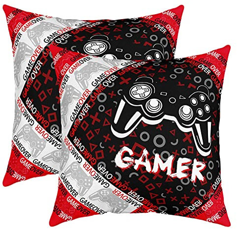 Set of 2 Gaming Throw Pillow Covers Geme Sports Cushion Case for Home Living Room Decor Reversible Modern Game Console Controller Red Black Pattern Decorative Throw Cushion Case 16x16 Inch