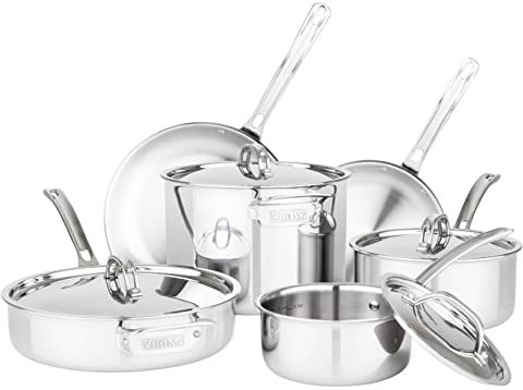 Viking Culinary - Juego de utensilios de cocina de acero inoxidable de 3 capas con tapas de metal, 10 piezas, apto para lavavajillas, horno, funciona en todas las cocinas, incluyendo inducción, color