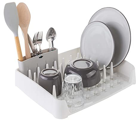 Minky Dish Rack With Caddy, Easy Clean, Multi Position Utensil Caddy, White & Grey