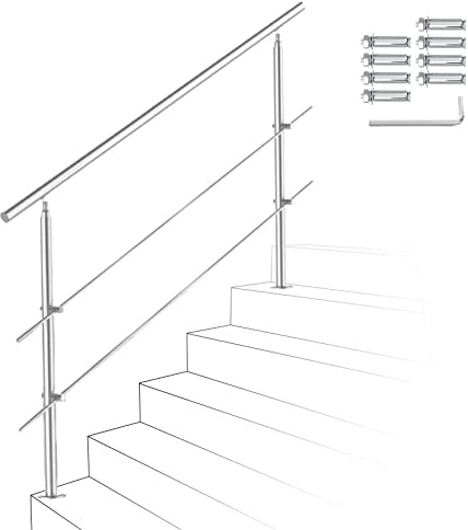 Izrielar 160 cm, garde-corps d'escalier en acier inoxydable avec 2 barres transversales, main courante réglable, garde-corps intérieur et extérieur