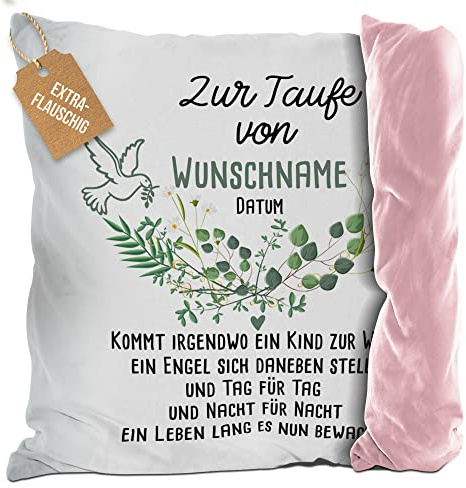 Print Royal PR Flauschiges Kissen zur Taufe mit Name & Datum - Kommt EIN Kind zur Welt - Geschenke zur Taufe, personalisierte Taufgeschenke Patenkind | inkl. Kissenfüllung, Rückseite Rosa, 40 x 40 cm