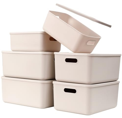 Yishyfier Plastic Storage Baskets With Lid Organizing Container Lidded Knit Storage Organizer Bins for Shelves Drawers Desktop Closet Playroom Classroom Office (4M+2S, Light grey)