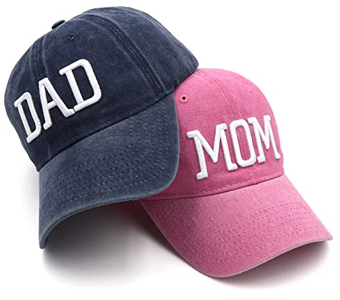 Hiwelove mamma och pappa hattar fars dag mamma pappa gåvor hatt broderad justerbar baseballkeps gåva för par föräldrar, Rosa mamma hatt och marinblå pappahatt, one size