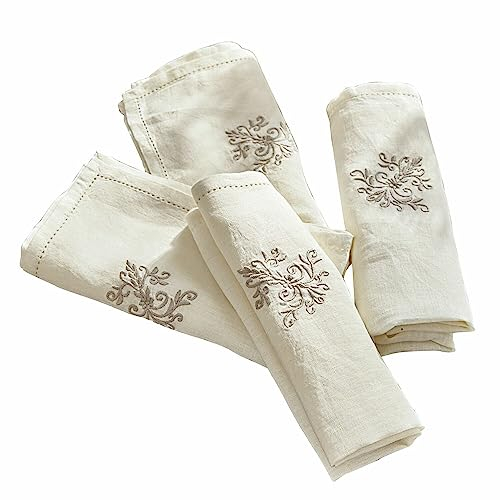 LOBERON Servietten 4er Set Claudine, Edler Hohlsaum & Feine Stickerei, Vintage-Look, Nachhaltig & Elegant, Tischdeko, Tischwäsche, Küchentextilien, Leinen, creme/grau