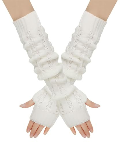 Butyeak Lange Strick Pulswärmer, Gestrickte Armstulpen, Gestrickte Lange Fingerlose Handschuhe, 50cm Handschuhe Lang Damen Fingerlos, Winter Handgelenk Arm Handwärmer (Weiß)