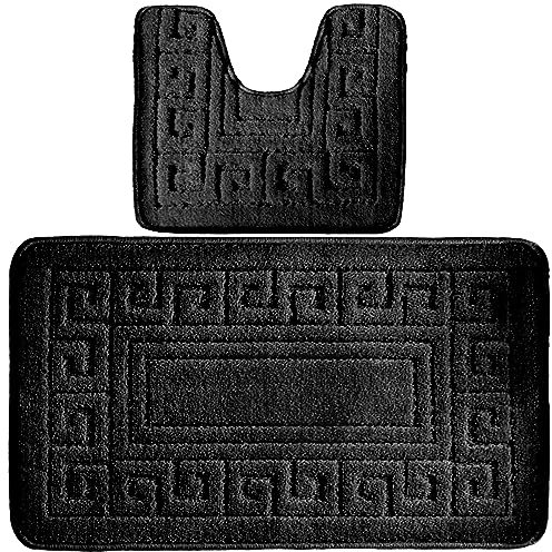 4All Bath Mat Sets 2 Piece Washable 50x80cm – Greek Pattern Toilet Mat and Pedestal Mat Set, Soft and Quick-Dry with Non-Slip Backing, Machine Washable and Moisture-Resistant (Black)